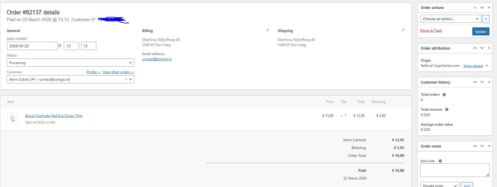 WooCommerce order #82137 &mdash; Status: Processing, Paid, Customer: Almin Zolotic, Order attribution: Referral Ucpchecker.com