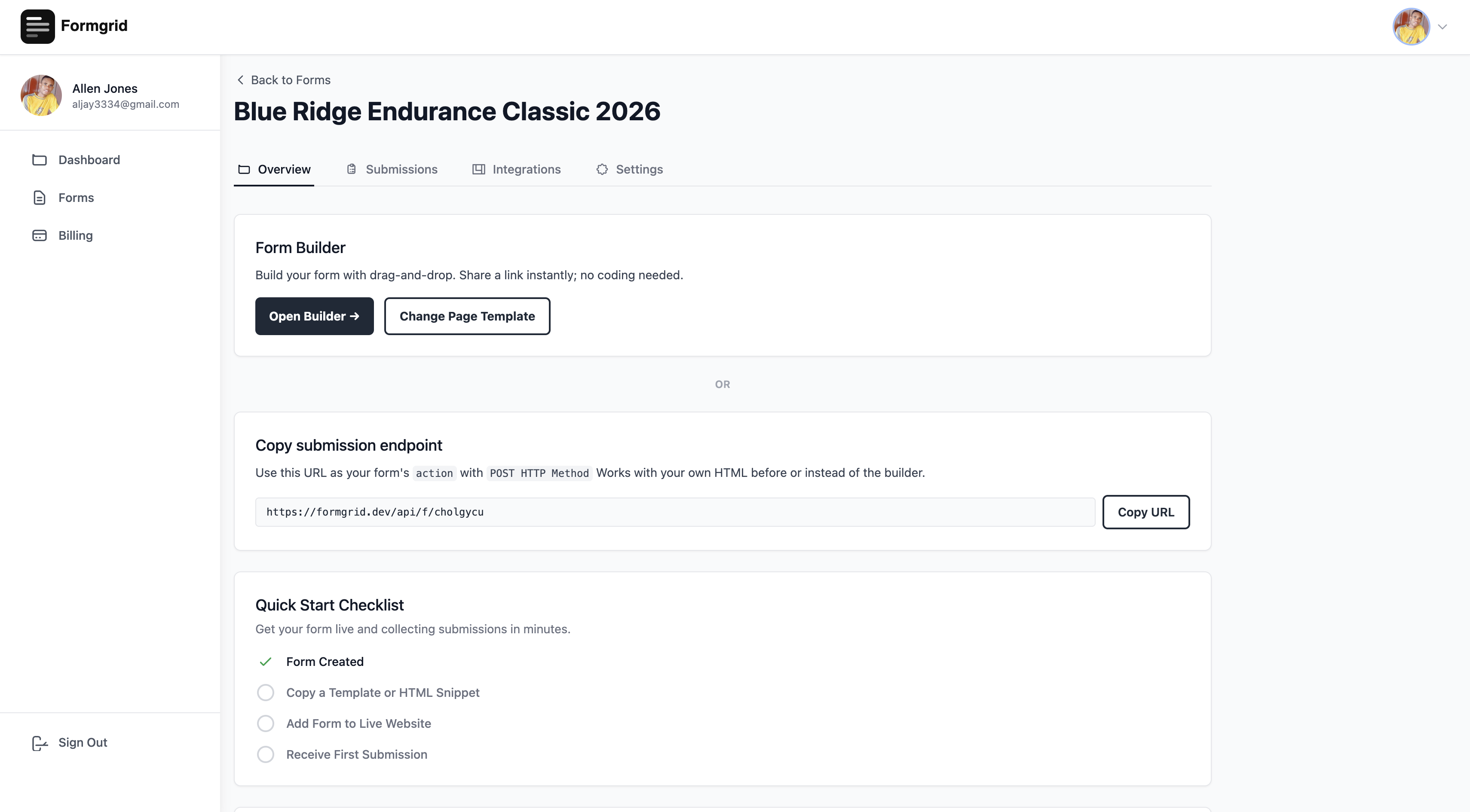 Form details page showing Open Builder button