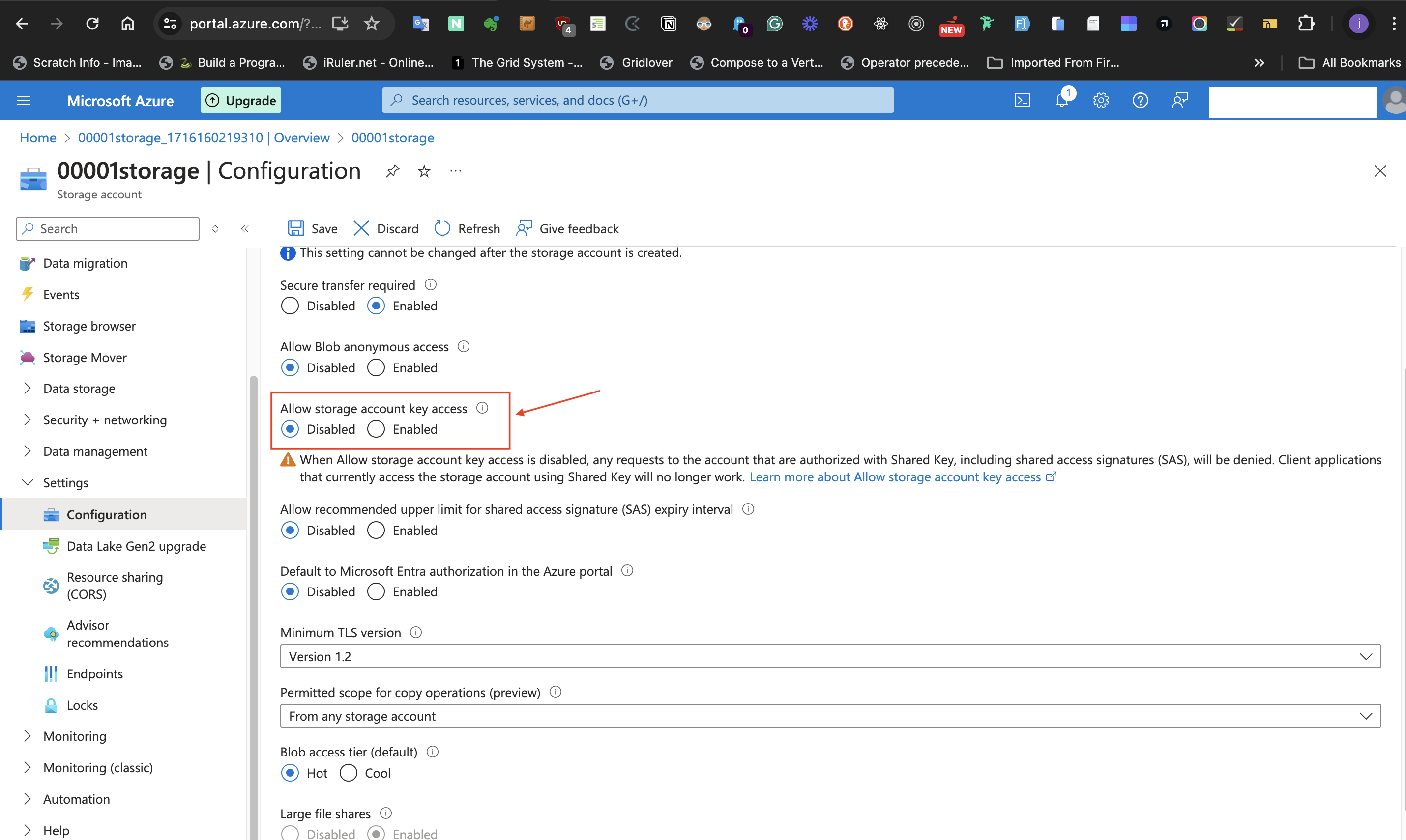 Allow Storage Account key access