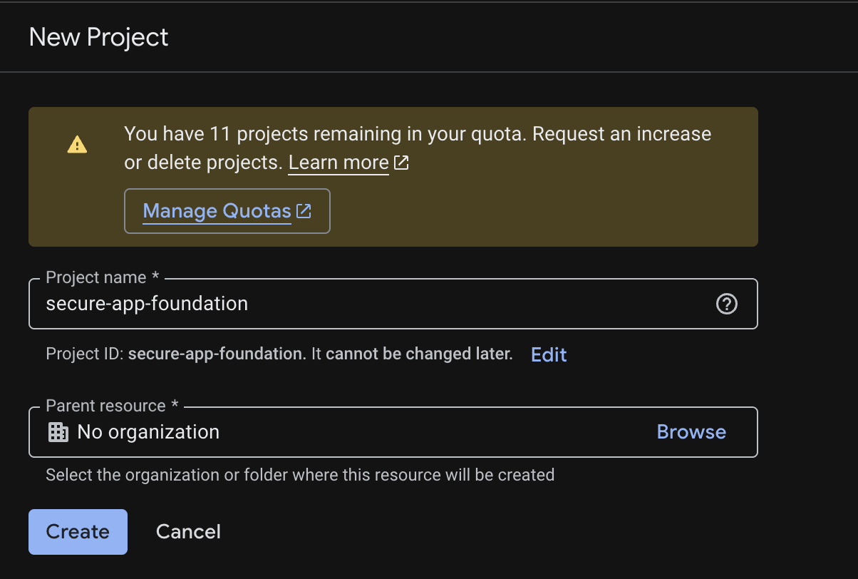Project creation screen