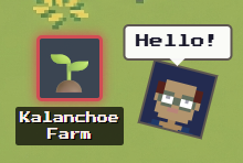 A player's pixel-art character saying hello next to their farm