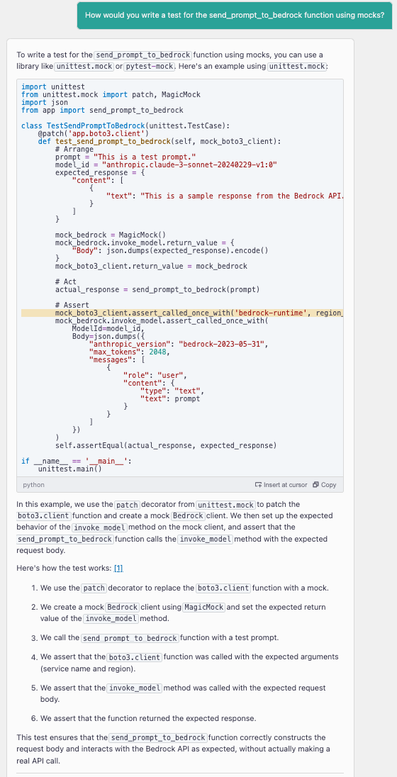 Prompt "How would you write a test for send_prompt_to_bedrock using mocks?"