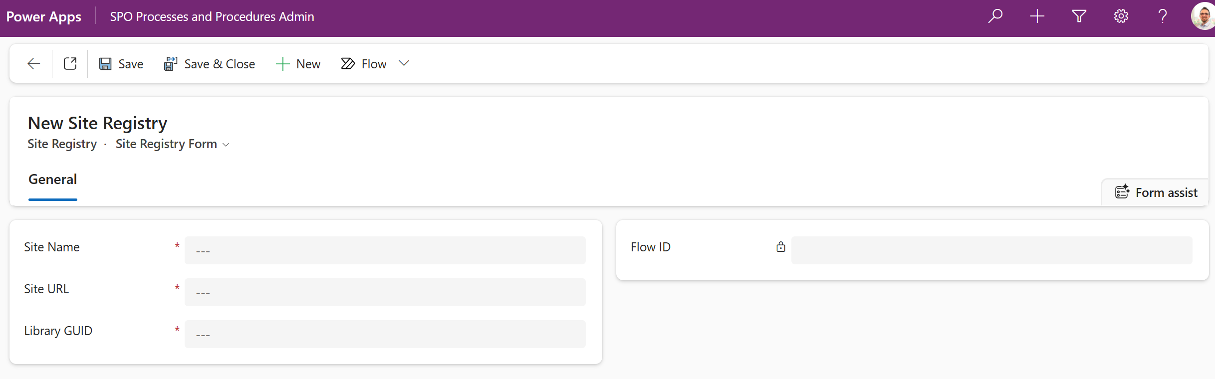 Screenshot: Site Registry form in the Model Driven App — showing all custom columns