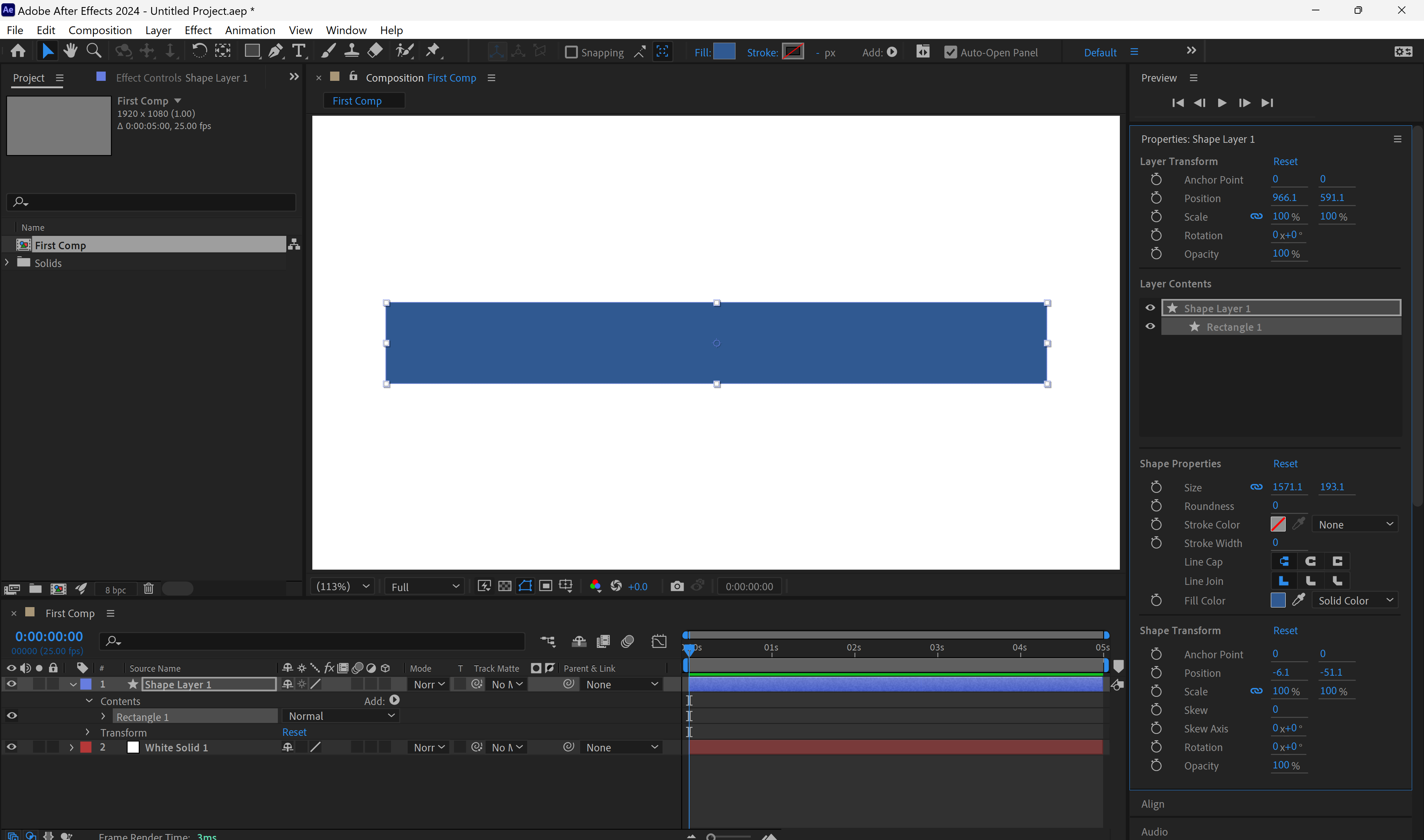 Screenshot of after effects, with a blue rectangle drawn across the white solid in the composition. A shape layer can be seen in the timeline panel.