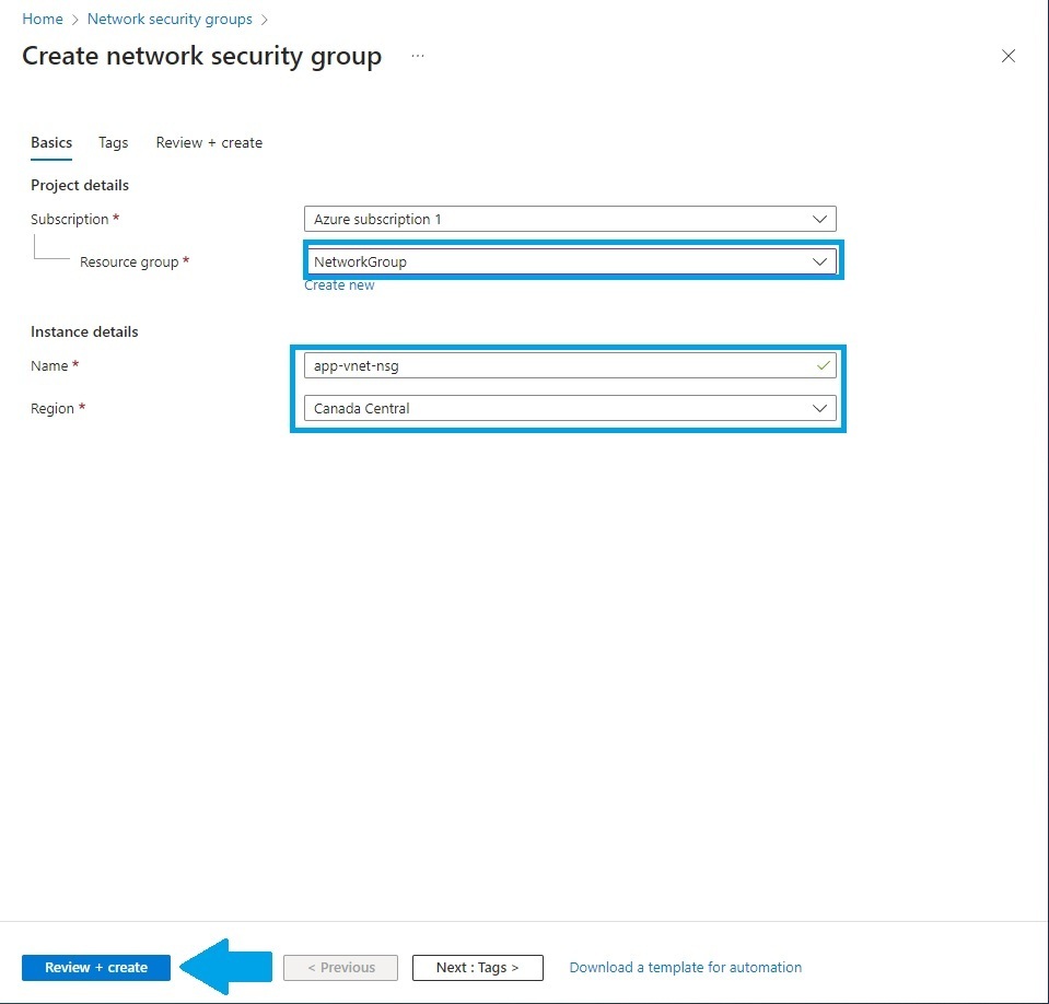 Configuring the network security group