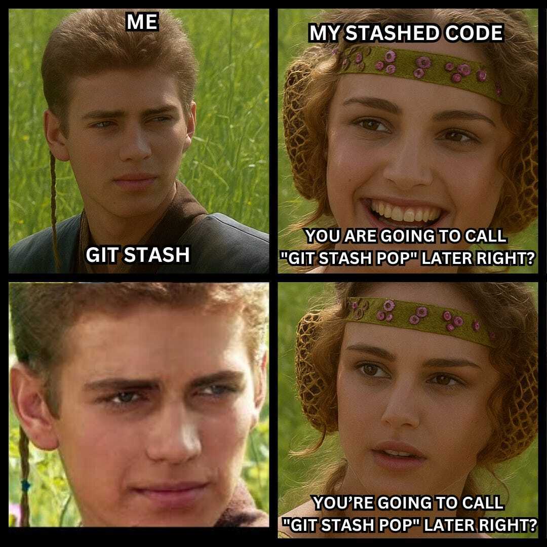 關於臨時保存未完成工作的 git stash 指令梗圖
