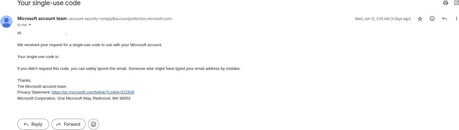 {Screenshot of the email containing a one-time-password.}