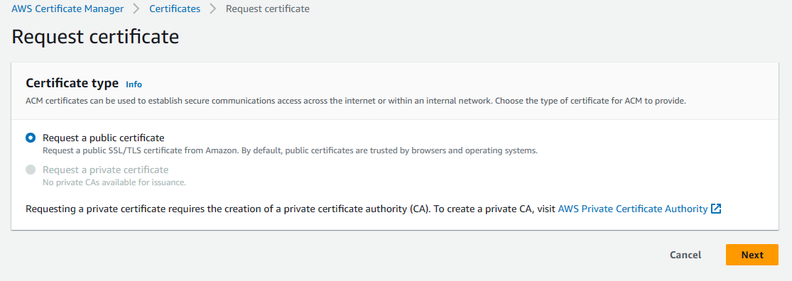 AWS Certificate Manager creating public certificate step screensho