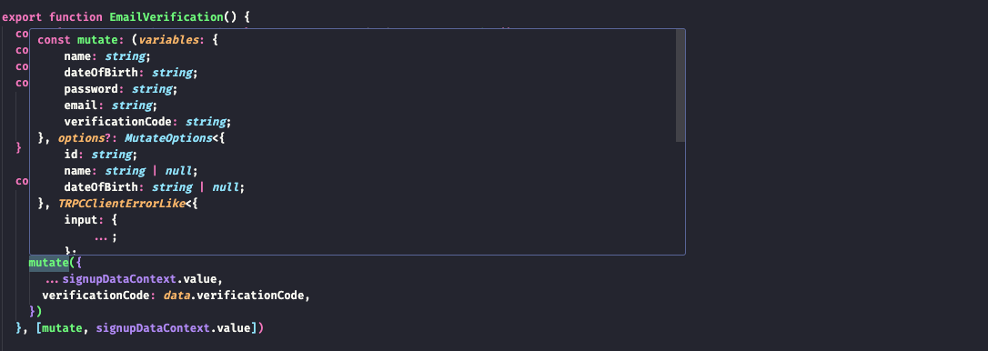 Code example of using tRPC mutation on a react component