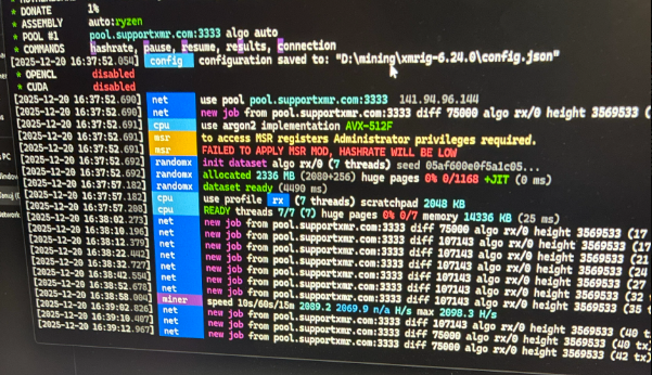 Monero mining screenshot