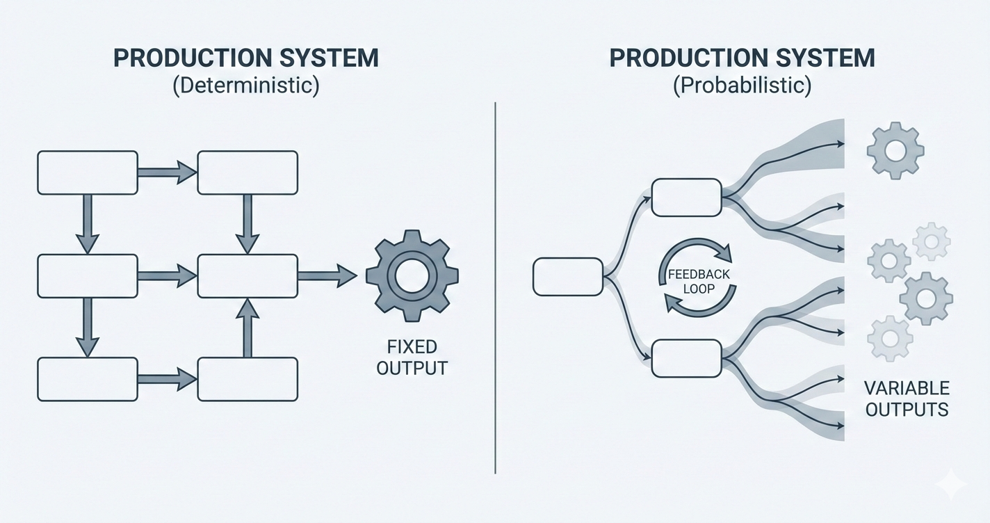A conceptual illustration contrasting two production systems: on the left, a deterministic system with clean flowcharts and fixed outputs; on the right, a probabilistic system with branching paths, confidence bands, and feedback loops. Both are labeled “Production System.”