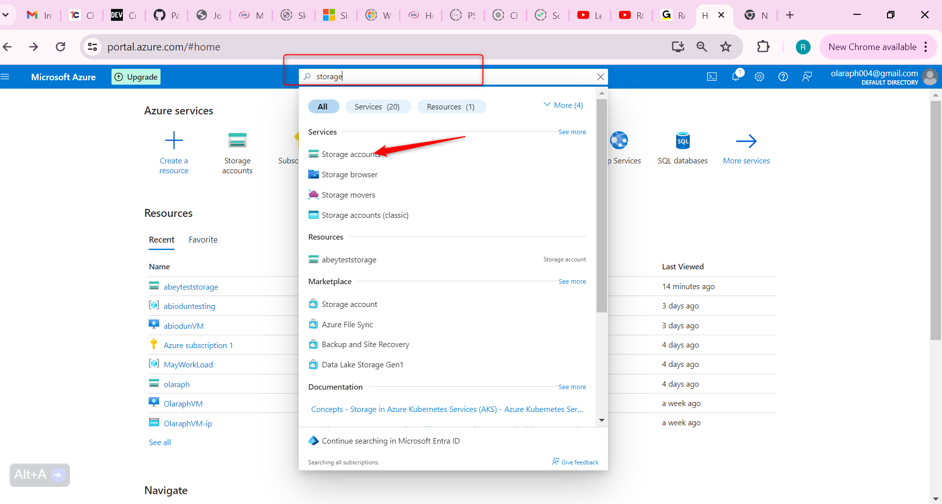 search for and select Storage accounts