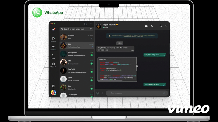 WhatsApp’s desktop application displayed on a laptop screen. The chat shows a conversation between two users discussing a JavaScript code snippet. The code snippet is shown with syntax highlighting within the WhatsApp chat window.