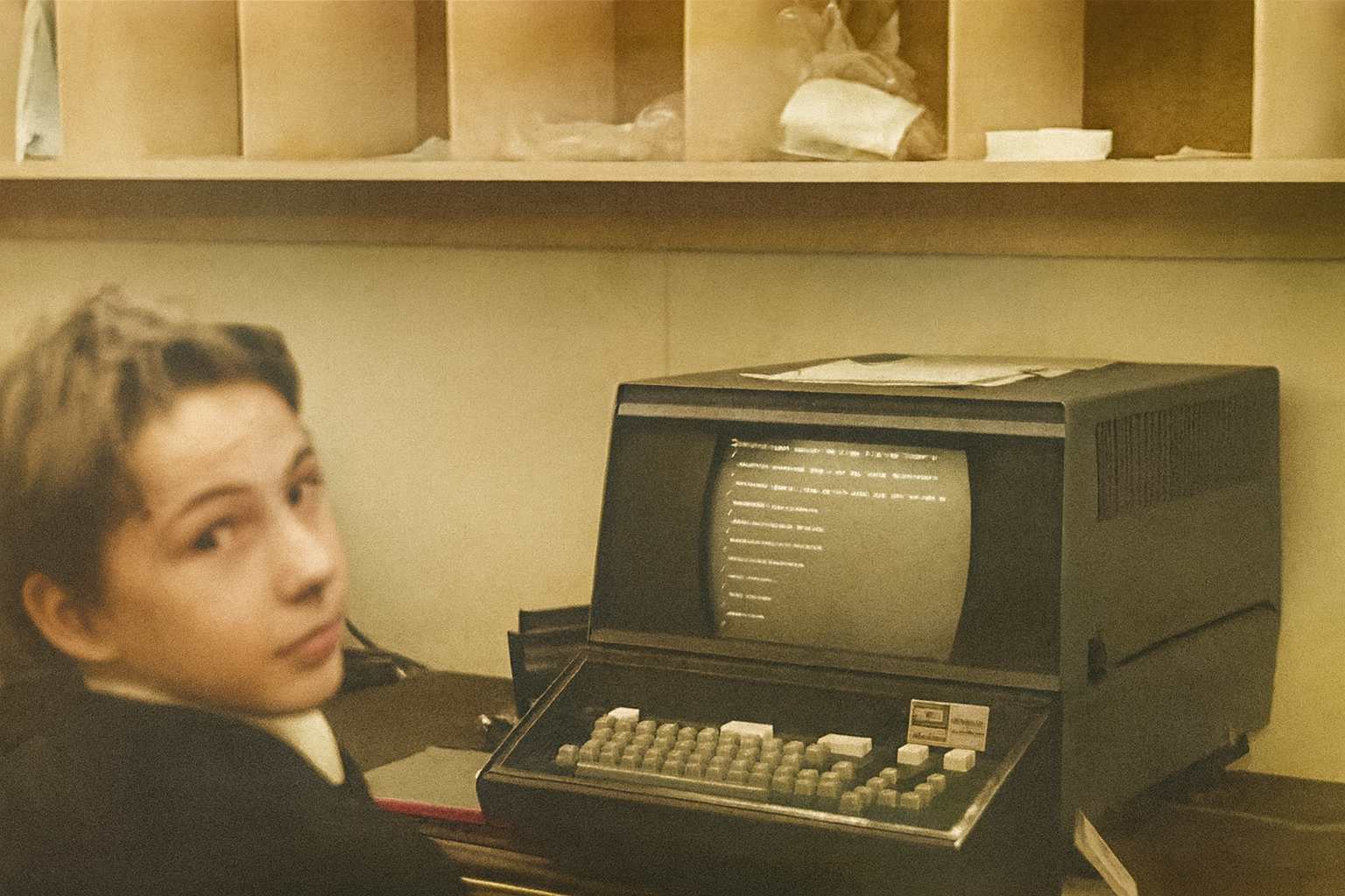학교 컴퓨터실에서 터미널에 연결된 맞춤 제작 기계에 Microsoft BASIC을 작성하고 있는 저. 이것이 제가 처음으로 프로그래밍을 맛본 순간이며—그때는 아직 회사 이름이 Micro‑Soft였어요!