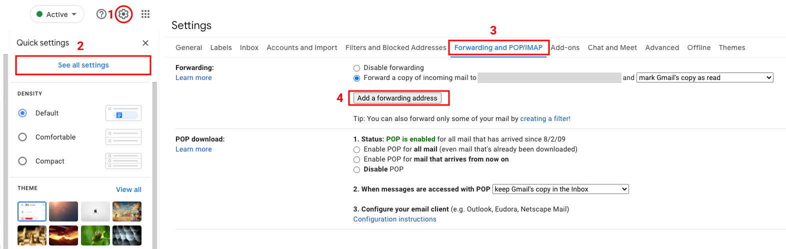 Click the gear icon to access all settings (left). From the Settings page, navigate to "Forwarding and POP/IMAP" to add a forwarding email address (right)