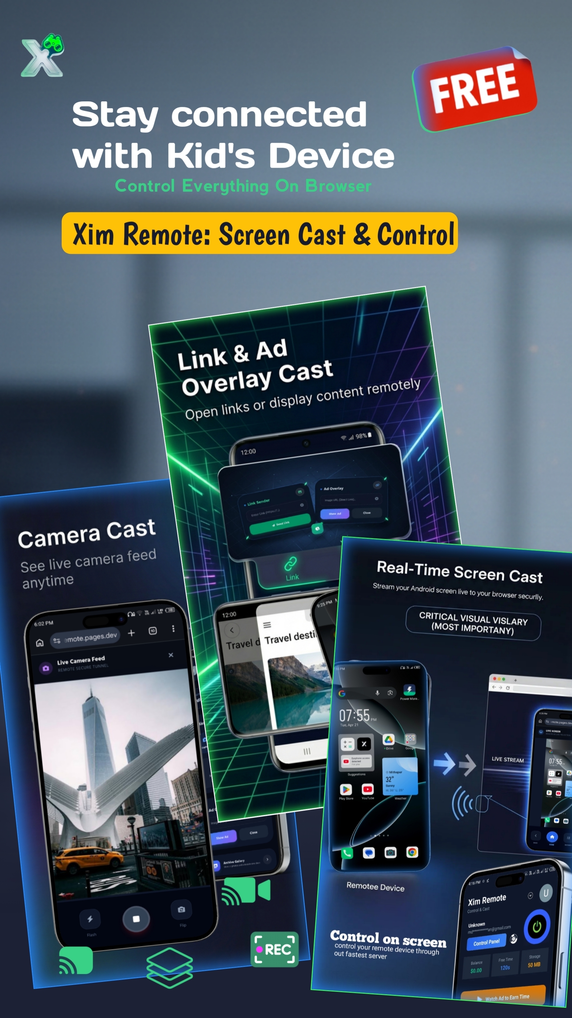 Xim Remote features overview showing parental control app and remote device management tools