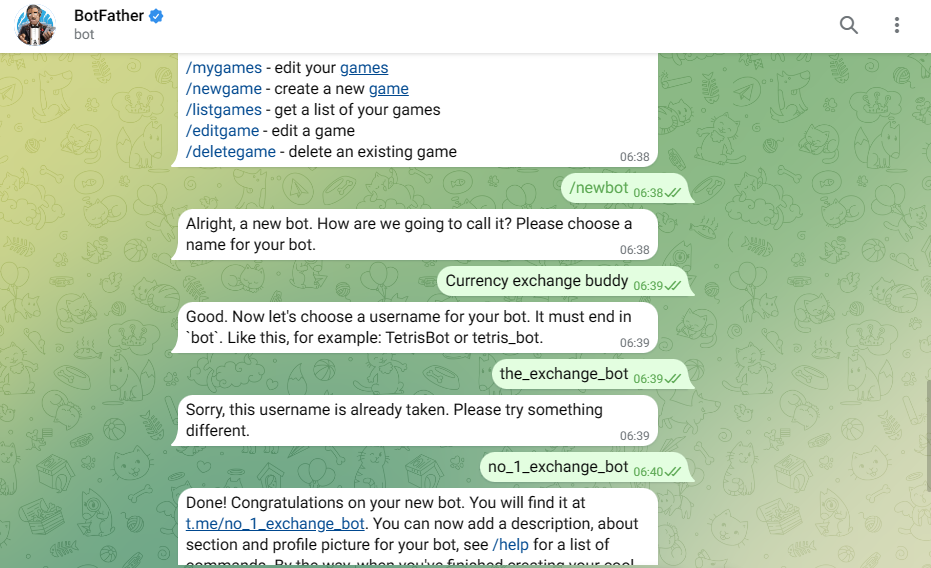A screenshot of steps for editing a Telegram bot
