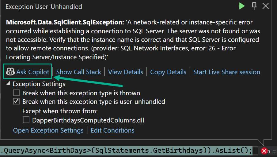 Ask copilot while debugging
