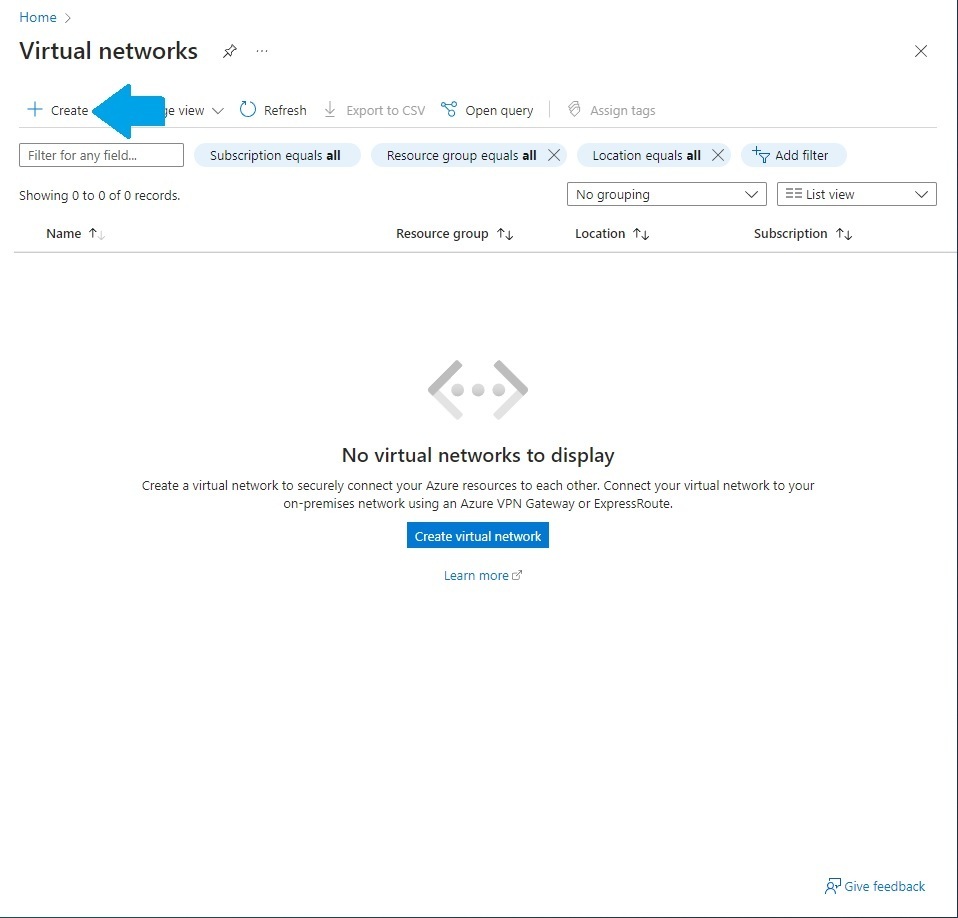 Clicking Create on Virtual Networks