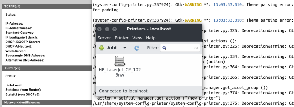 Screenshot of a printer icon and an error message telling that something has been deprecated