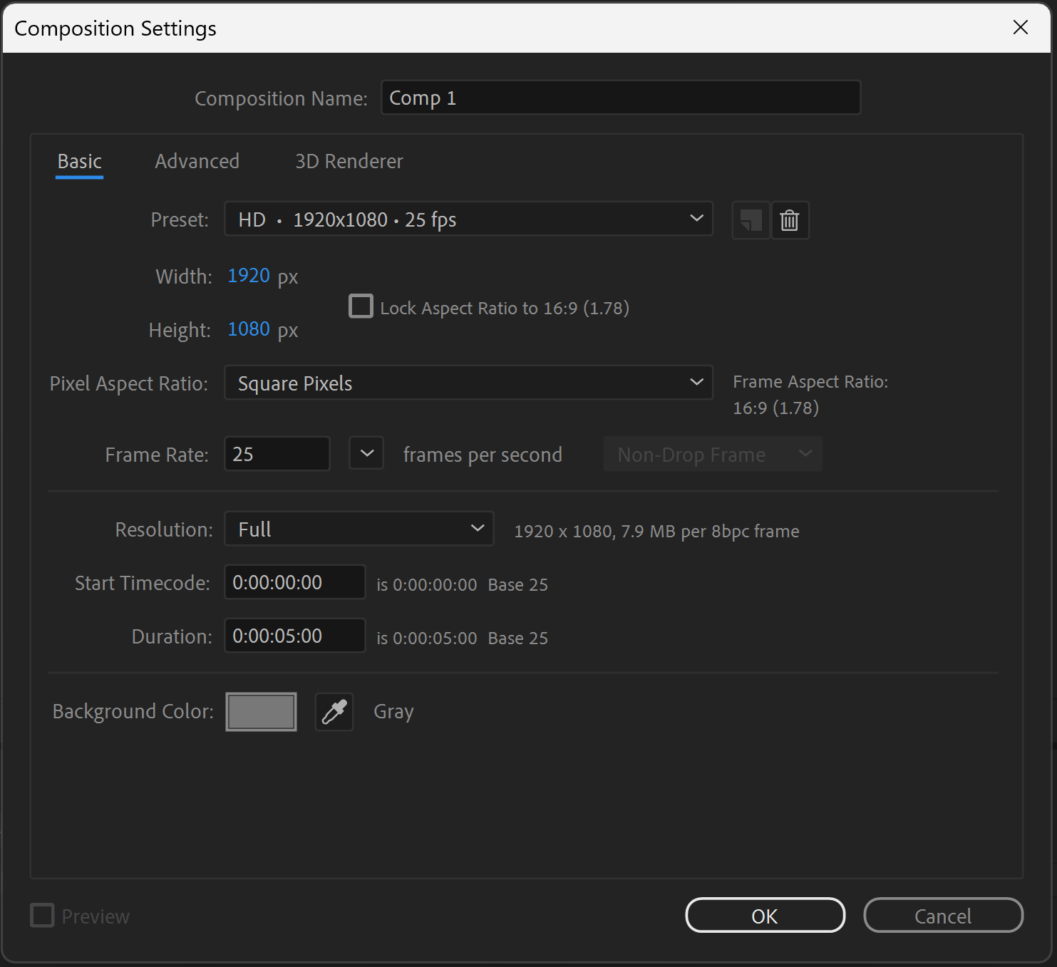 Screenshot of after effects composition settings pop up.