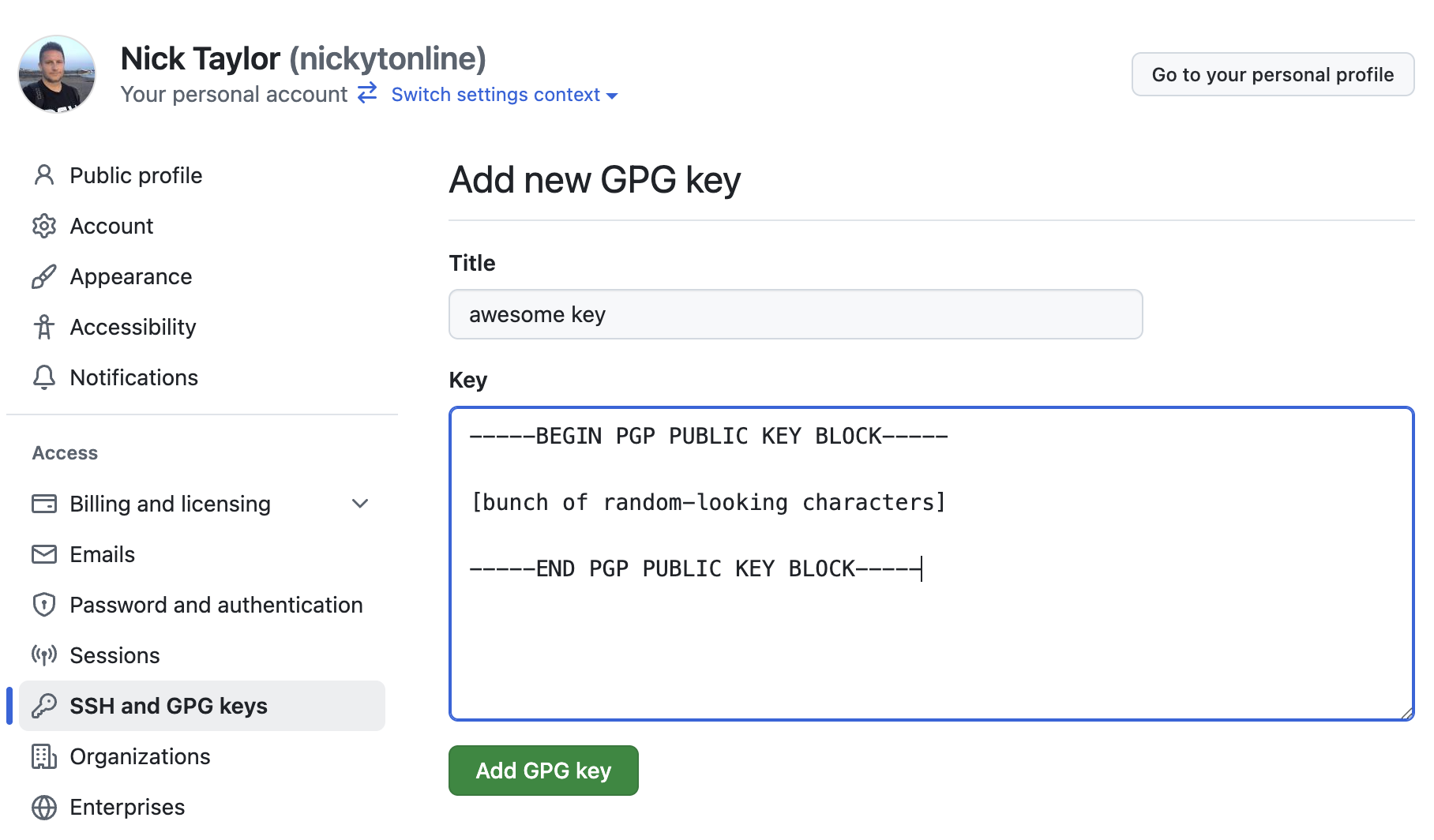 GitHub 新增 GPG 金鑰螢幕
