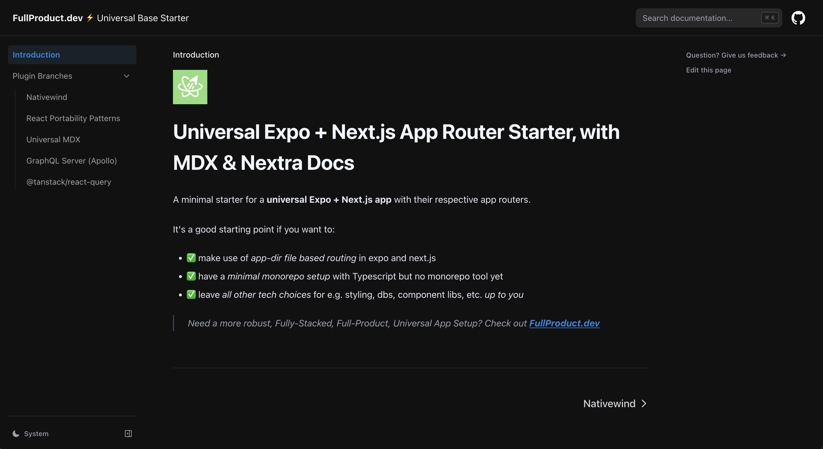 Universal Base Starter docs screenshot