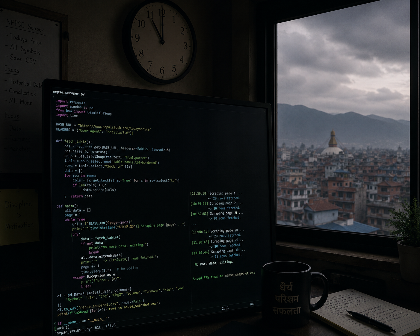 A Python script running in a terminal, scraping a financial data table. 
Clock on the wall shows 11:00 AM. Window outside shows Kathmandu cityscape. 
Dark moody lighting, code visible on screen, realistic editorial style.