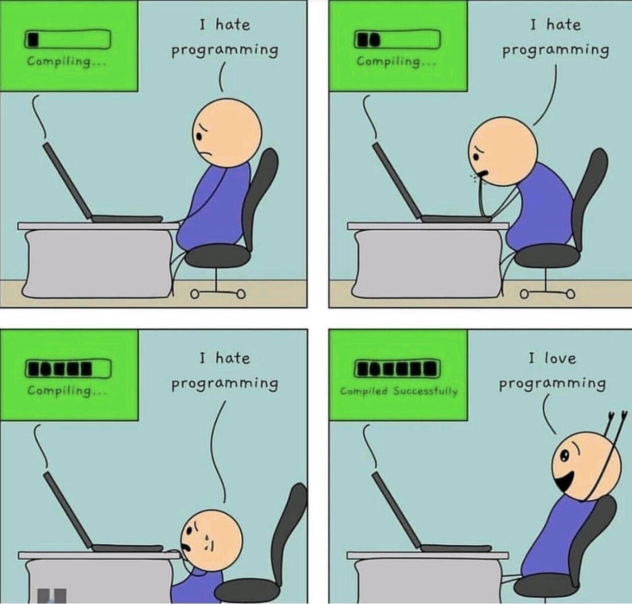 A comic with 4 panels, each showing a progress bar of a program compiling. In the first three panels, the developer is sad saying "I hate programming." In the last panel, the program has compiled and the programmer celebrates, saying "I love programming!"