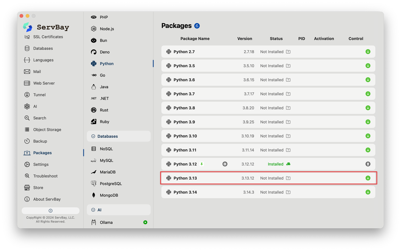 ServBay hỗ trợ triển khai môi trường Python 