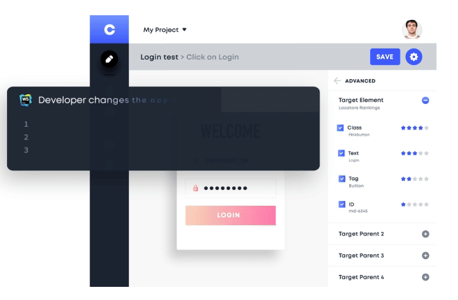 Testim AI autofixing a broken test case after code changes