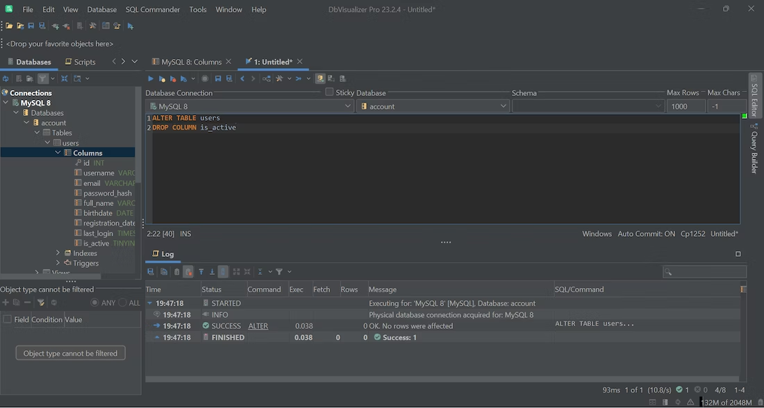 Launching the DROP COLUMN operation in DbVisualizer.