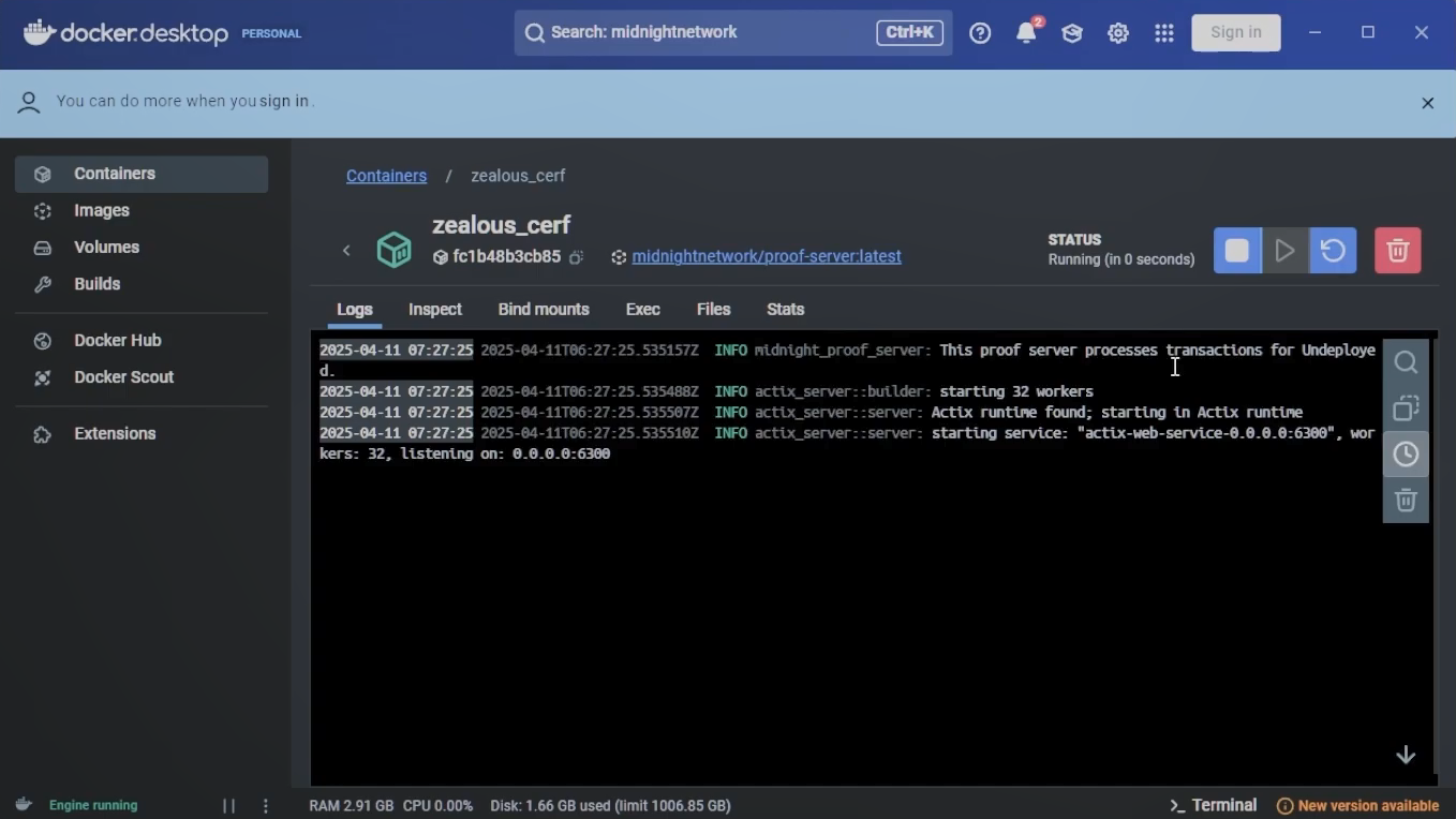 Docker container run settings showing default configuration