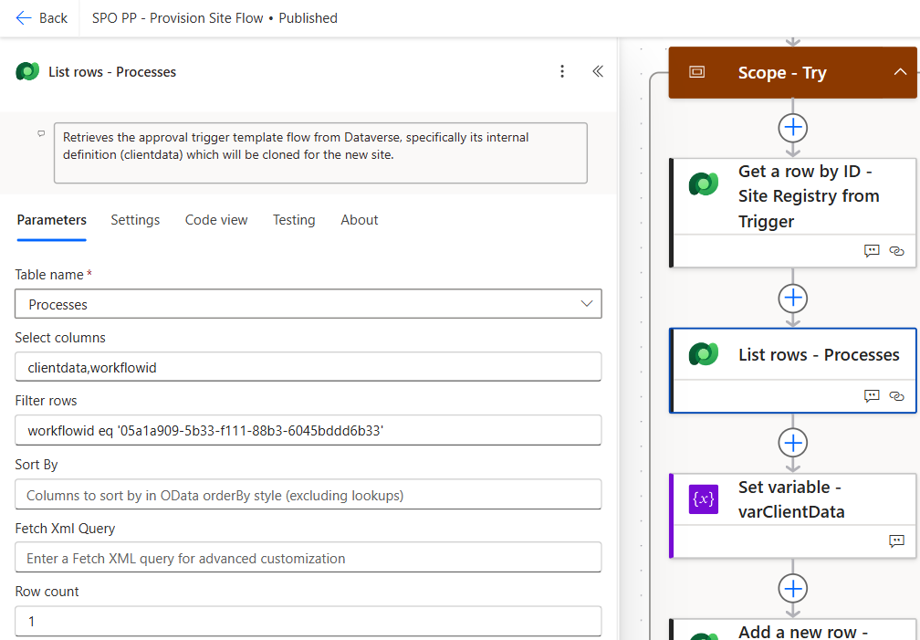 Screenshot: List rows action — retrieving template clientdata from workFlows table