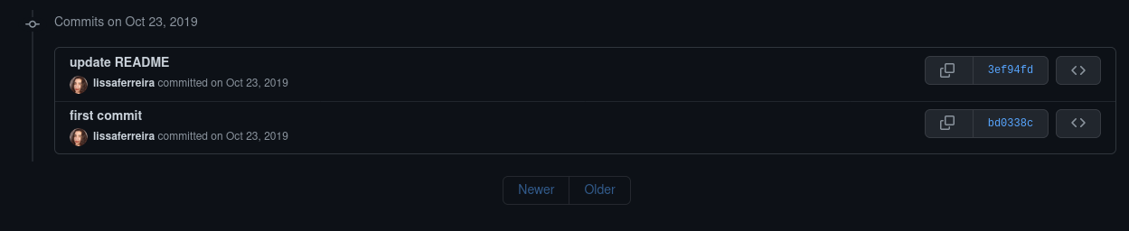 Exemplo da árvore de commits correta no Github