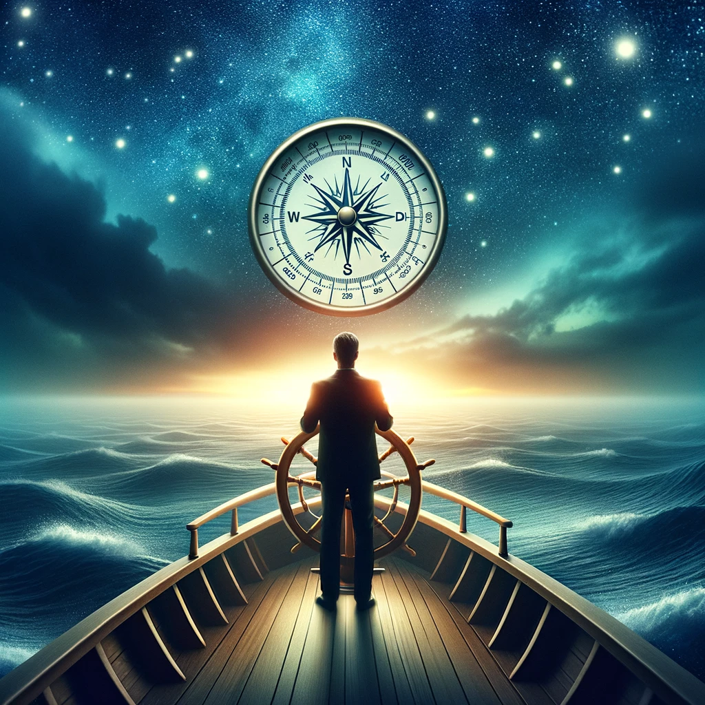 A serene yet powerful image of a professional standing at the helm of a ship, navigating through calm seas under a star-filled sky. The compass in their hand is replaced with a journal, guiding the way. This illustrates the metaphor of using a working journal to chart one's course in the professional journey, navigating towards success with purpose and vision.