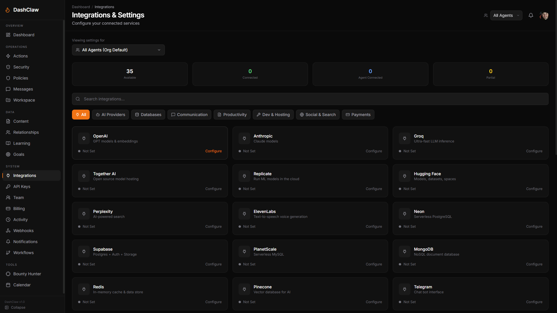 The integrations map showing connected AI providers and developer tools (like GitHub, OpenAI, and Anthropic), displaying their real‑time connection status and authentication types across the agent fleet.