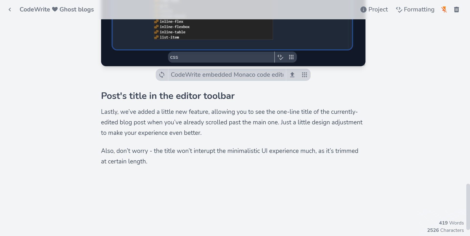 Post title in CodeWrite's editor toolbar