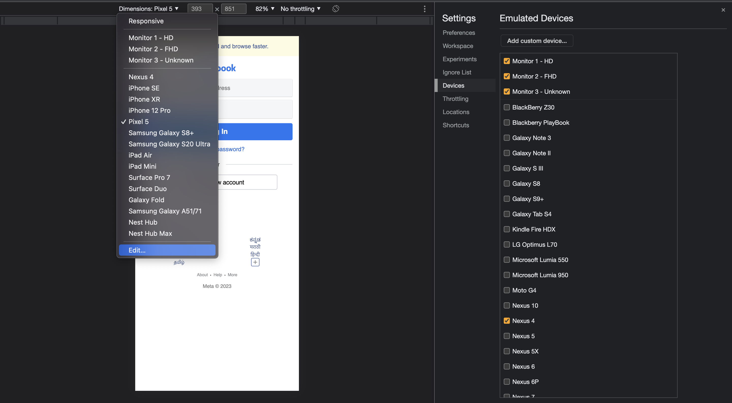 Chrome DevTools emulated devices settings