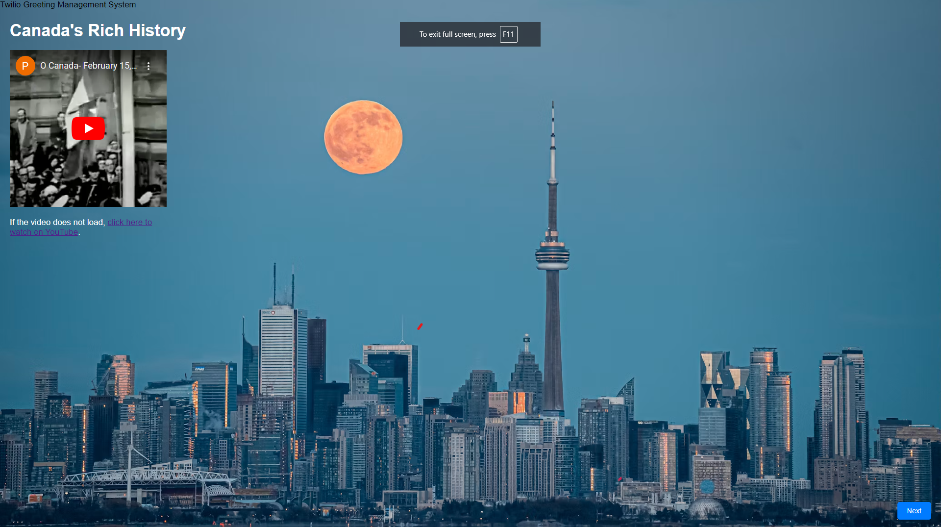 This is the Homepage with a Toronto skyline background along with a video which plays the first Canada Flag hosting event. Upon click on "next" button you'll be redirected to the next page to enter a postal code.