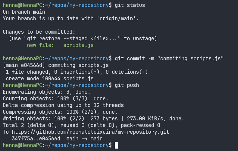 Linux 終端機執行「git status」、「git commit」和「git Push」命令、執行新提交並將更新推送到遠端儲存庫的螢幕截圖。