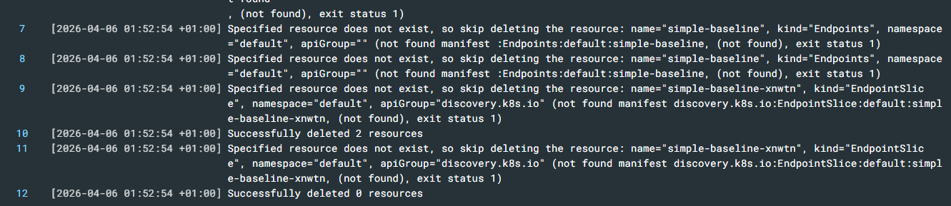K8S_BASELINE_CLEAN stage log deleting baseline resources from both clusters