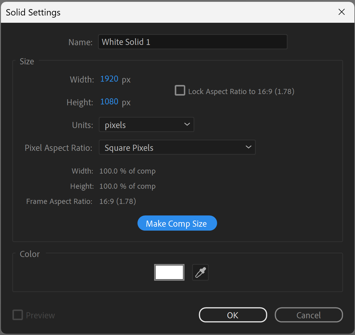 Screenshot of after effects solid settings.