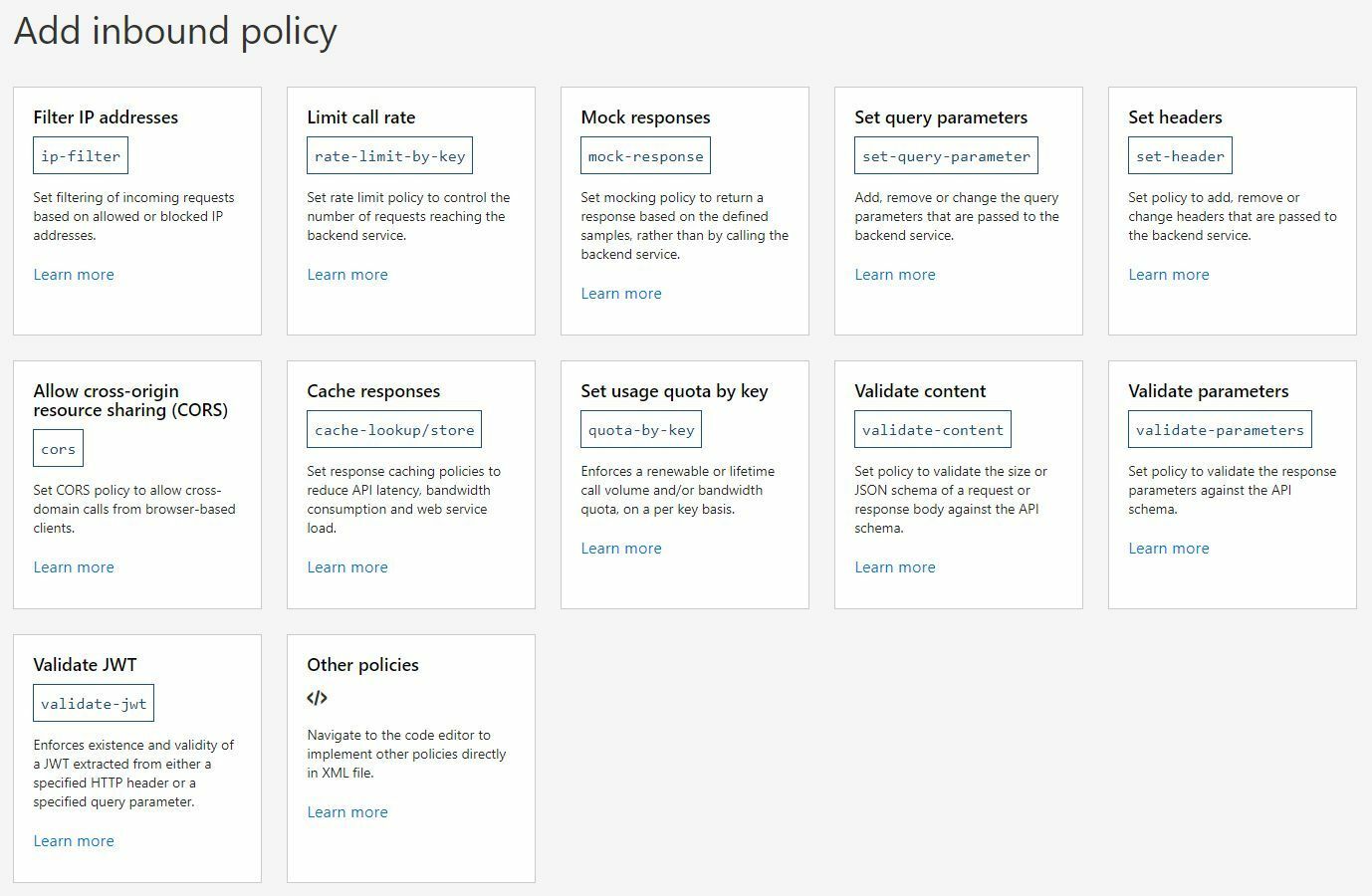 Screenshot showing the options available in the Azure Portal to add inbound policy to an API Operation or API