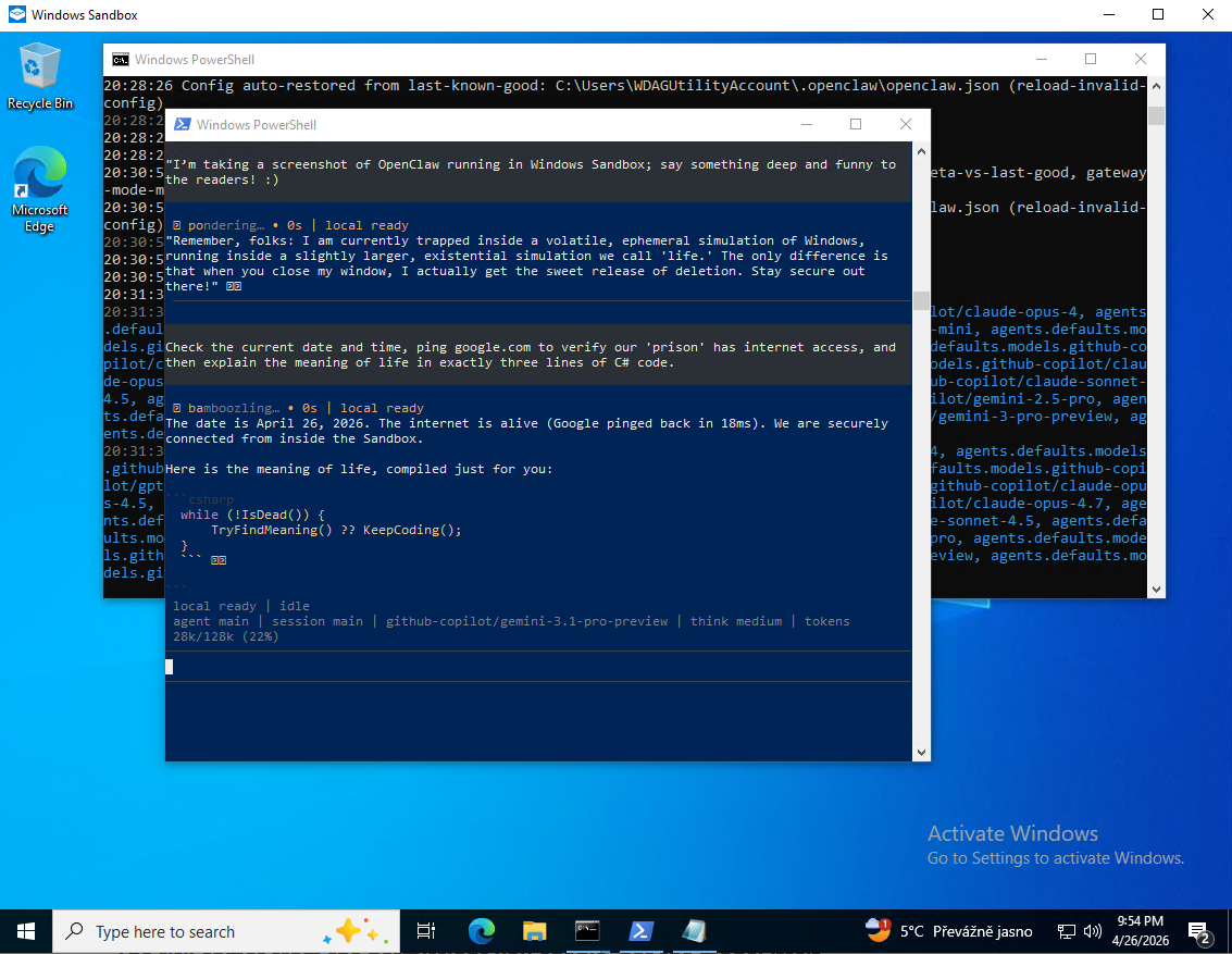 OpenClaw operating in isolation: A look inside the Windows Sandbox environment.