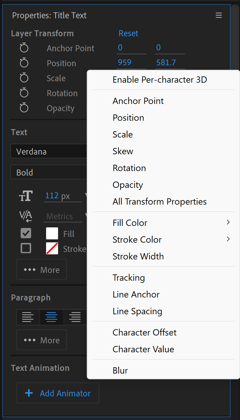 Screenshot of the project panel when the text layer is active. A menu showing the options for clicking the "+add animator" button is visible.
