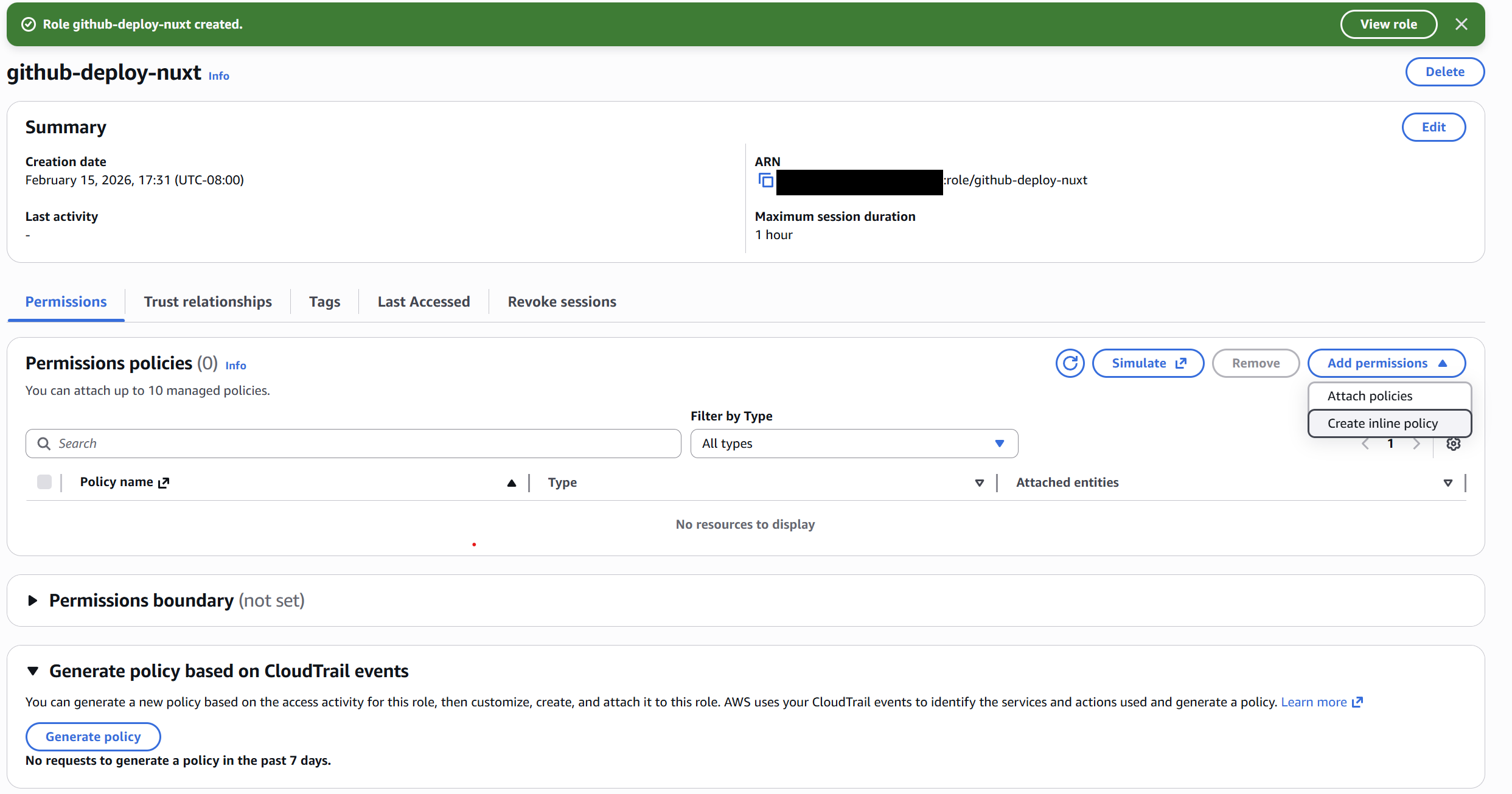 IAM role permissions tab with Create inline policy button