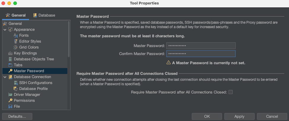 Setting up a local master password.