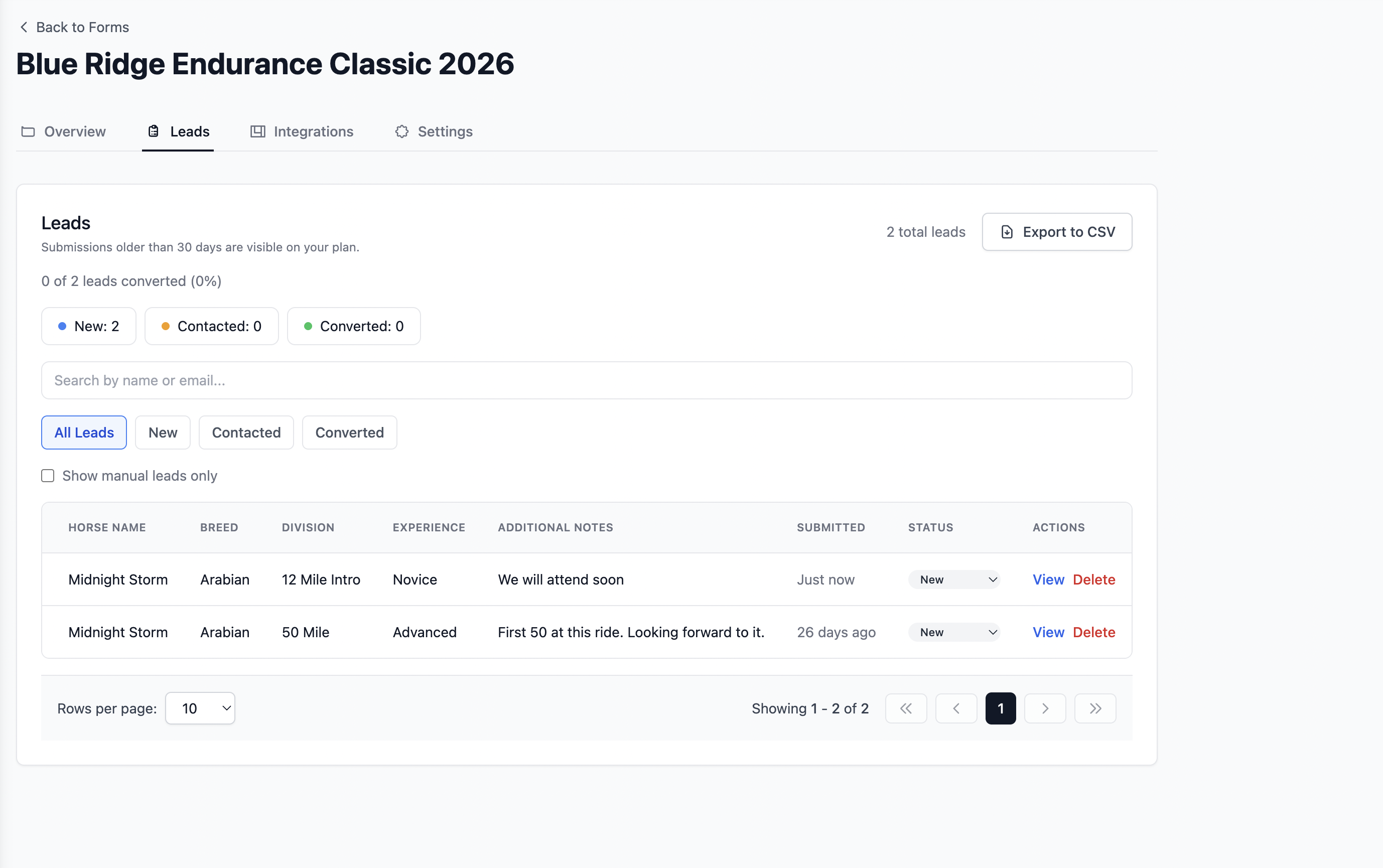 Formgrid submissions tab showing all form responses