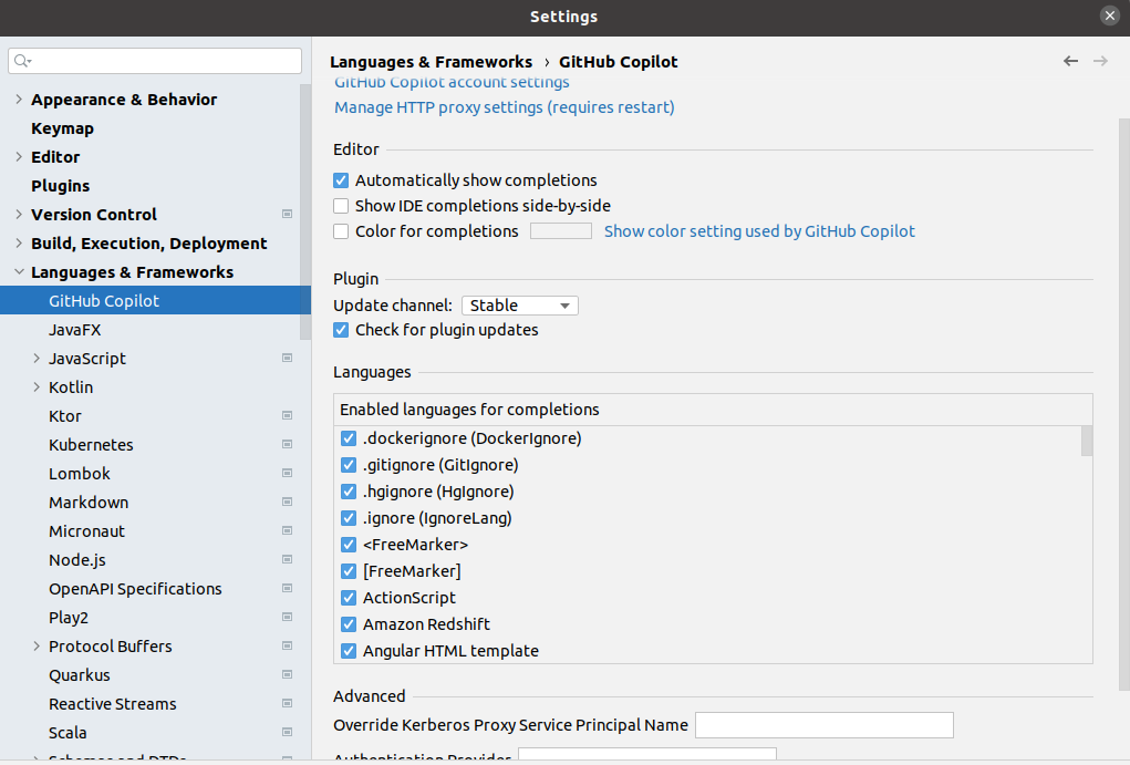 Our GitHub Copilot plugin settings in Intellij IDEA